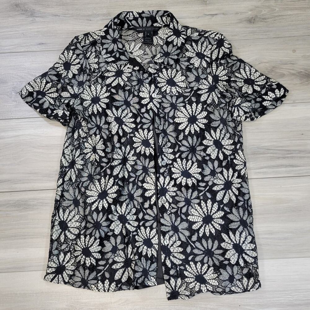 Marc By Marc Jacobs Blouse Women's 4 Black Multi Lily Lace Short Sleeve New